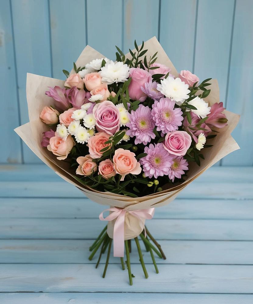Букет цветов из: Хризантемы, Розы и Альстромерии в Губино