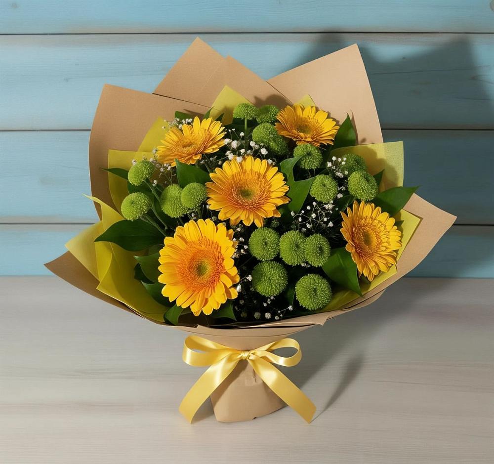 Букет цветов из: Герберы и Хризантемы в Губино