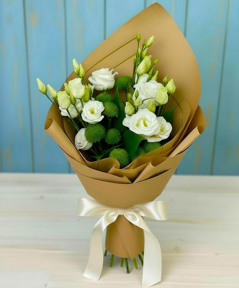 Букет цветов из: Хризантемы и Лизиантусы в Губино