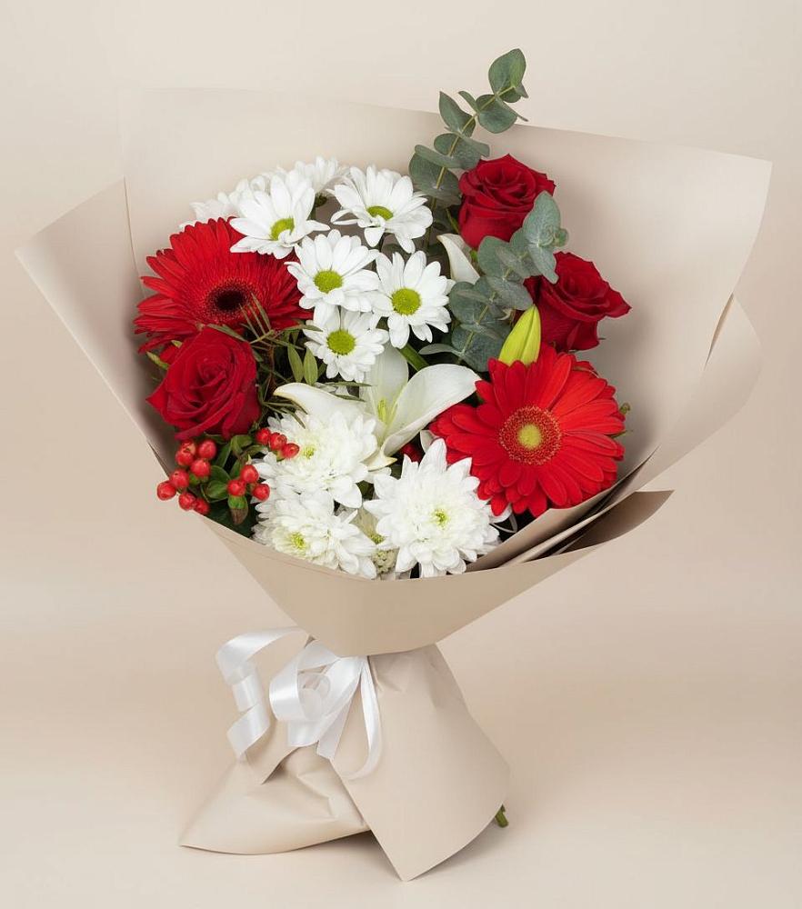 Букет цветов из: Розы, Хризантемы, Герберы и Лилии в Губино
