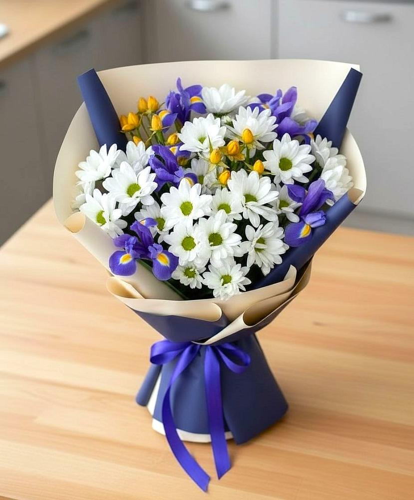 Букет цветов из: Розы, Ирисы и Хризантемы в Губино