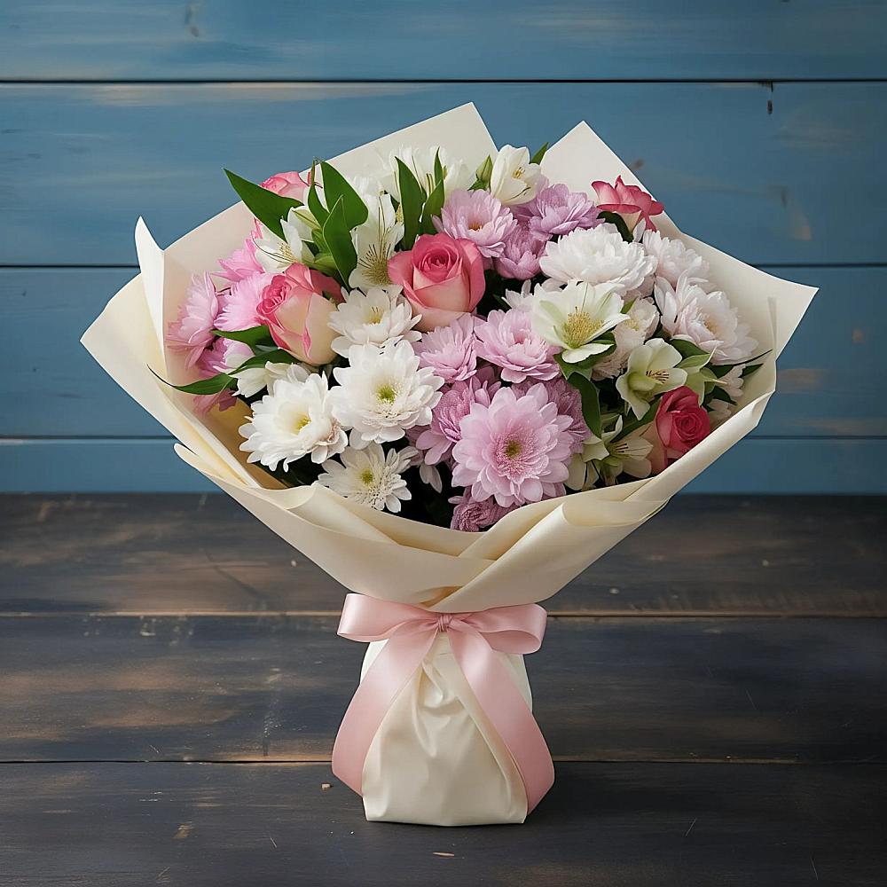 Букет цветов из: Хризантемы, Альстромерии и Розы в Губино